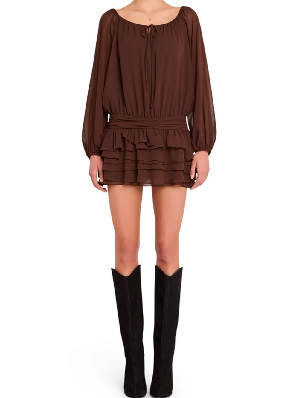 Amanda Uprichard Brown Long Sleeve Ruffled Mini Jumpsuit